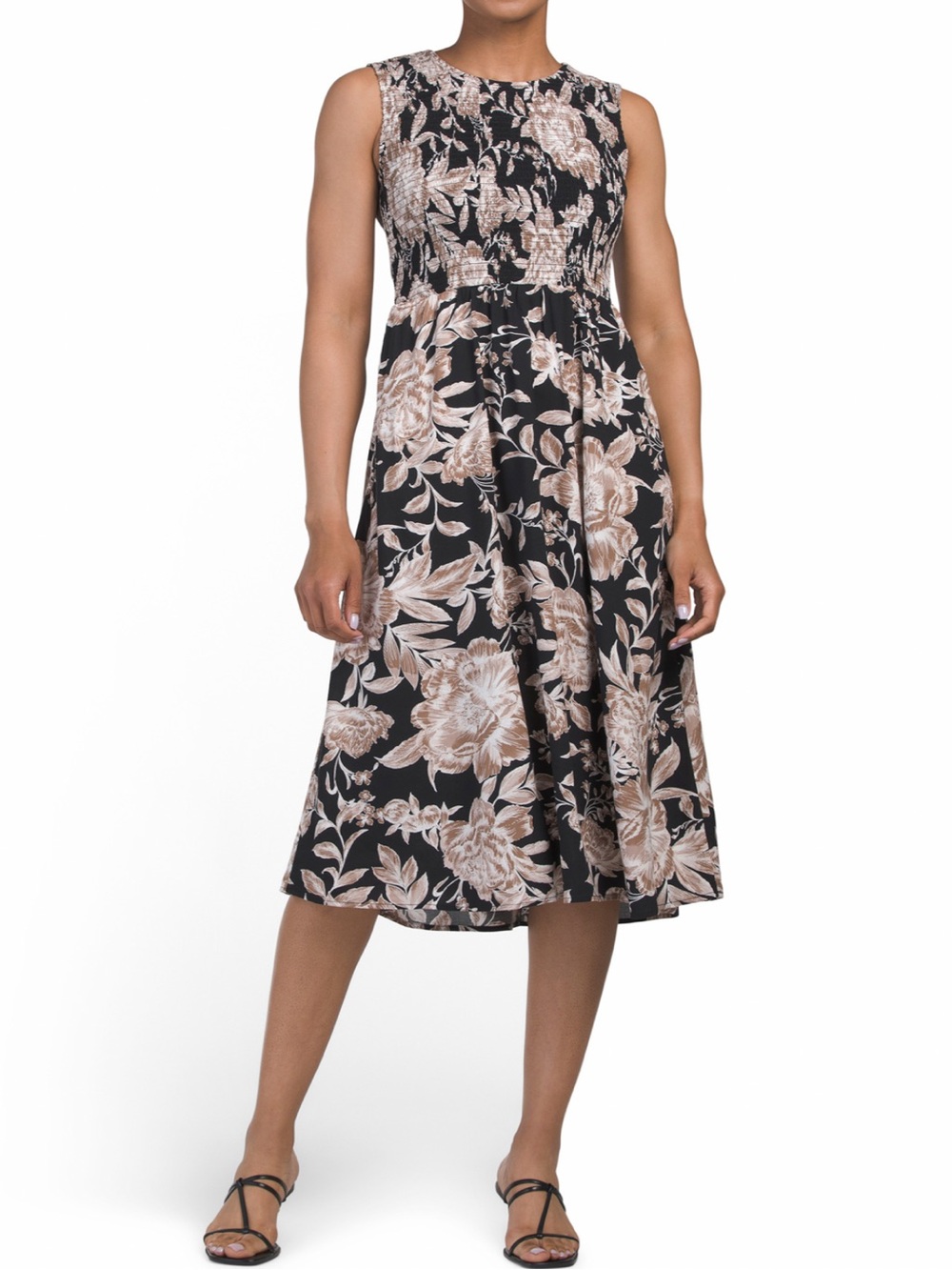 Calvin Klein Black and Beige Floral Smocked Midi Dress